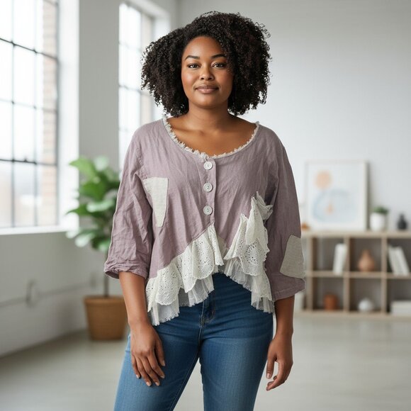 Magnolia Pearl Mulberry 100% Linen and Lace Top Jacket